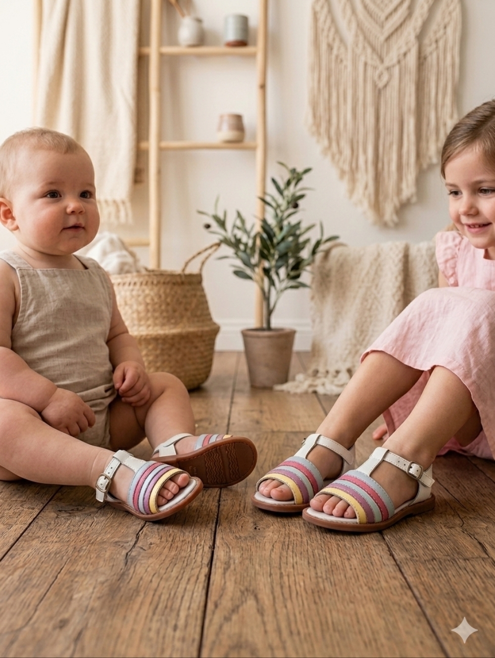 Two Pretty Handcrafted Leather Rainbow Sandals Girls - Pastel Multi-Color